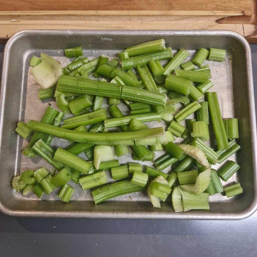 Chopped celery on the tray after a run by the Production VLA (Dyna-1).