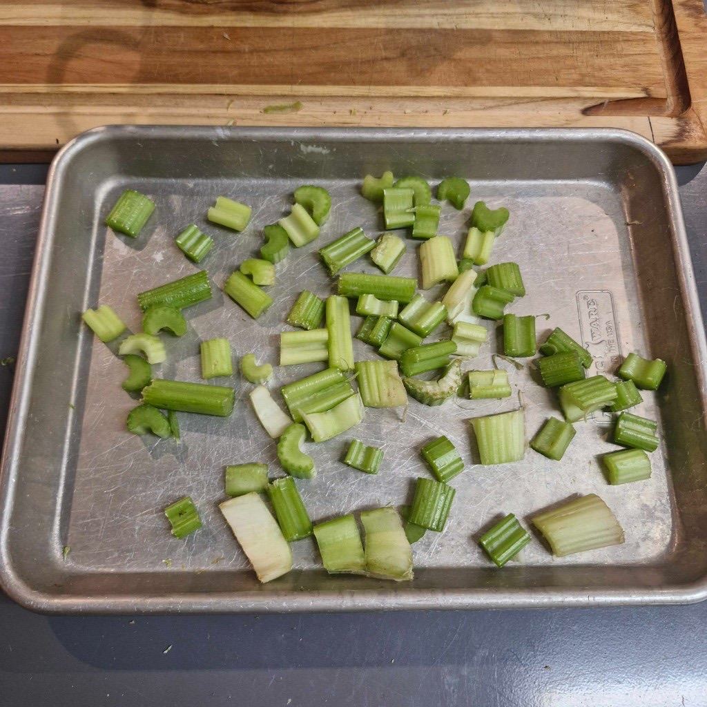 Chopped celery on the tray after a run by the Early WAM (Dyna-2).